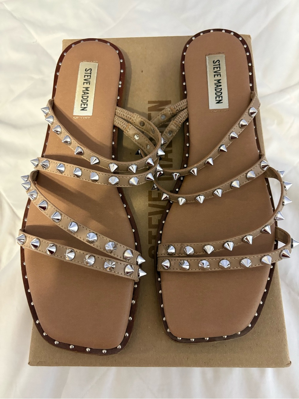 Steve Madden Tan Multi-Strap Studded Slide Sandals